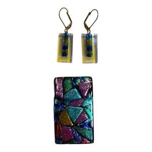 Handcrafted Dichroic Art Glass Earrings & Pendant Set Black Mosaic Vibrant